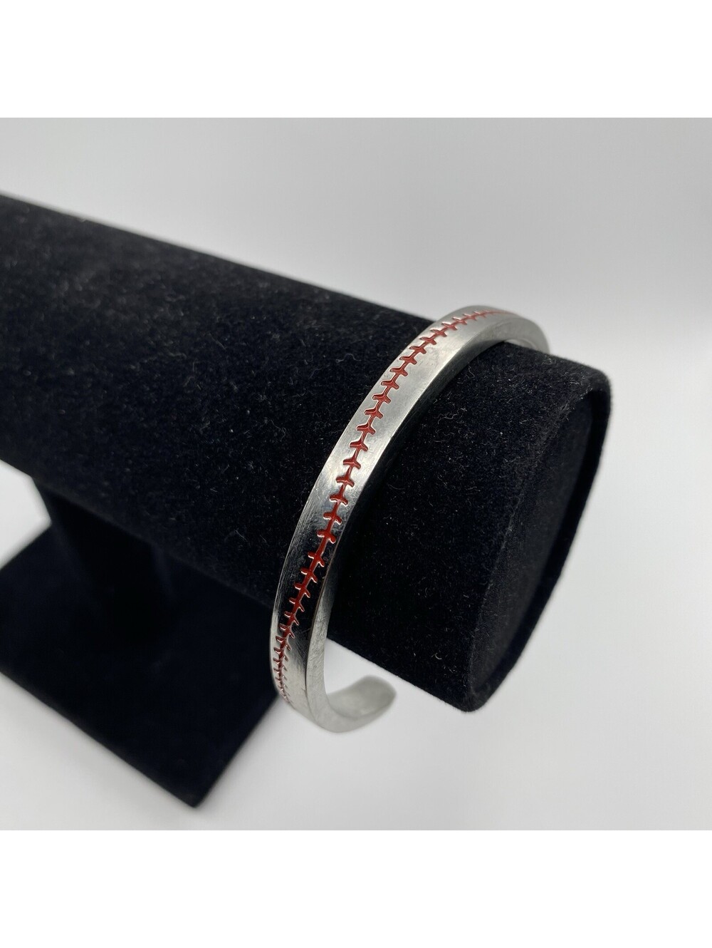 Silver-Tone Metal Cuff Bangle Bracelet Red Seams Baseball 7.75” Sports Fan Gift